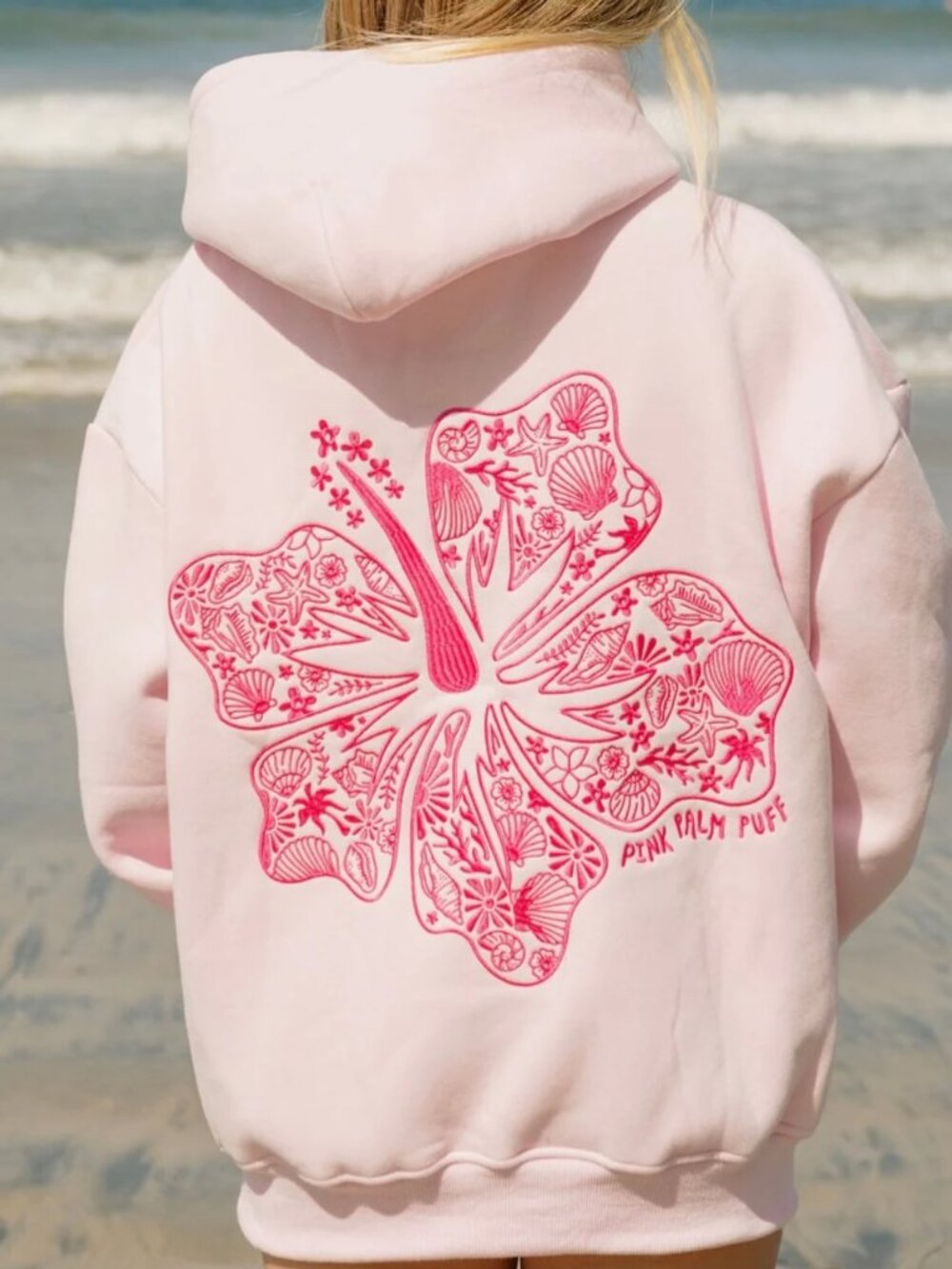Pink Palm Puff Hawaii Hibiscus Hoodie in Blush, Size XXS - Picture 3 of 7